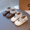 Girls' Korean Style Round Toe Leather Shoes with Lace Trim and Soft Non-Slip Sole for Toddlers