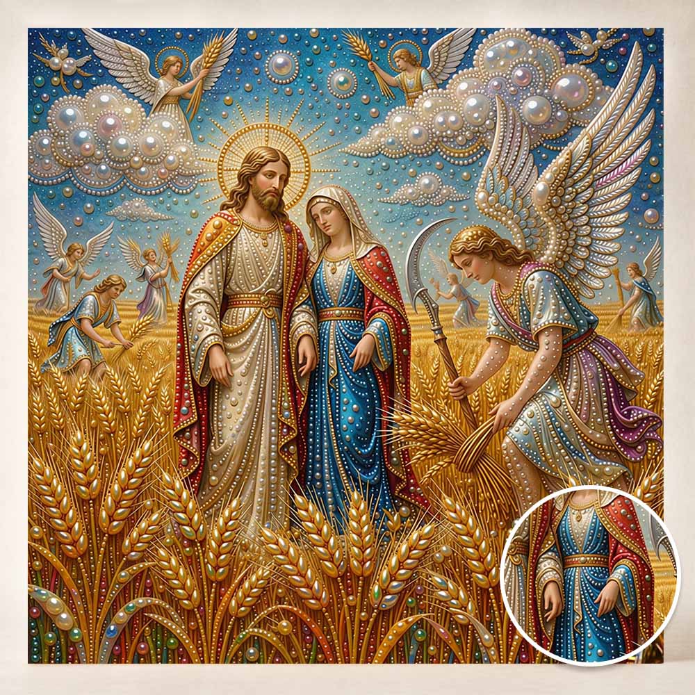 Pearl Painting 5D DIY Decorative Painting. Religious Holy Family and Angels Harvesting Wheat. Cute Birthday Gift. Handmade Art Painting