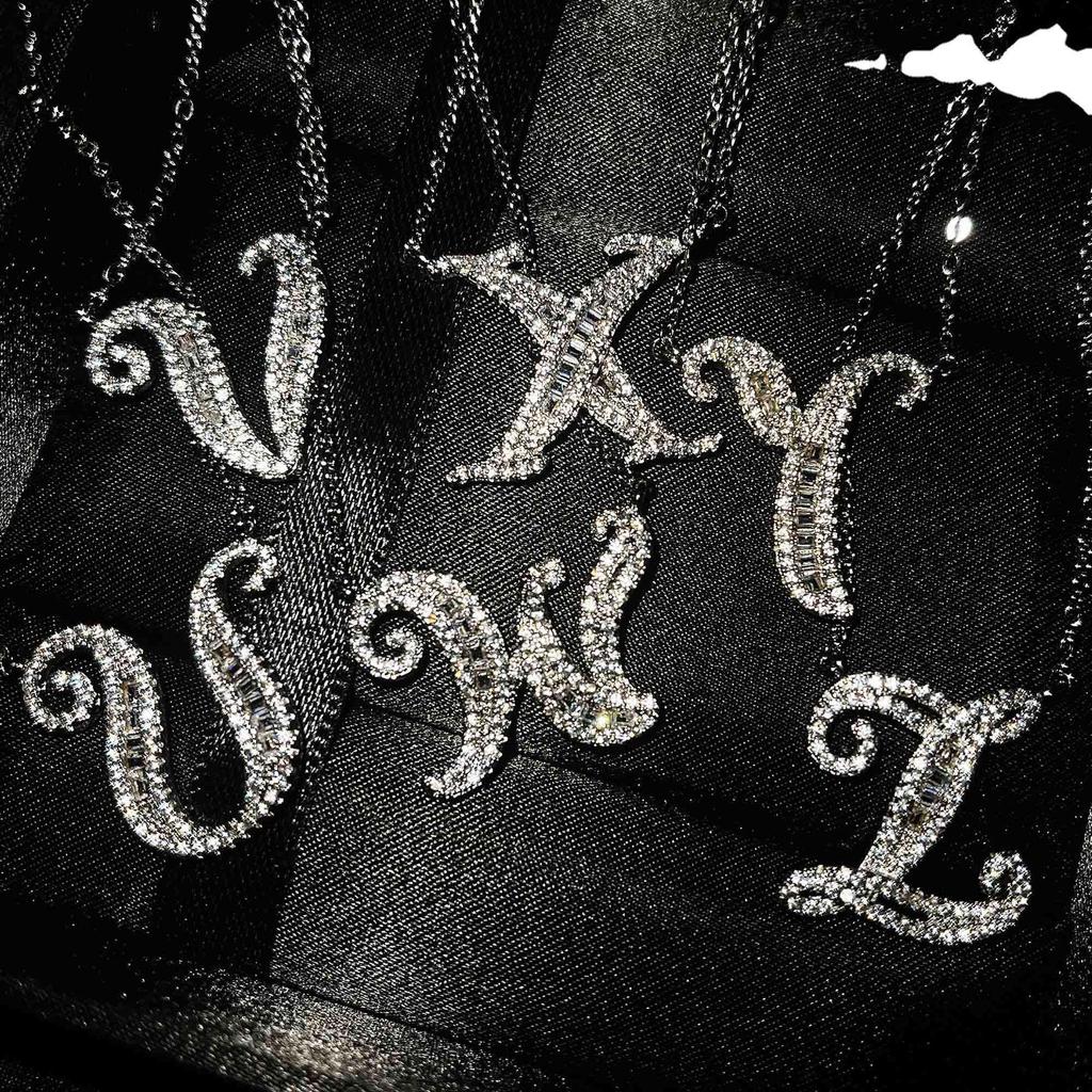 TikTok Live French-English Initial Pendant Necklace - Customizable 26 Letters, Full Diamond, Personalize Your Name or Surname