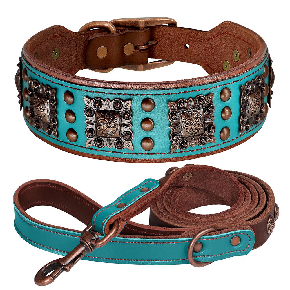 Genuine Leather Wide Dog Collar Leash