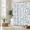 1 leaf shower curtain with overlapping blue and grey leaves on white background, soft watercolor texture and design, with hook.
