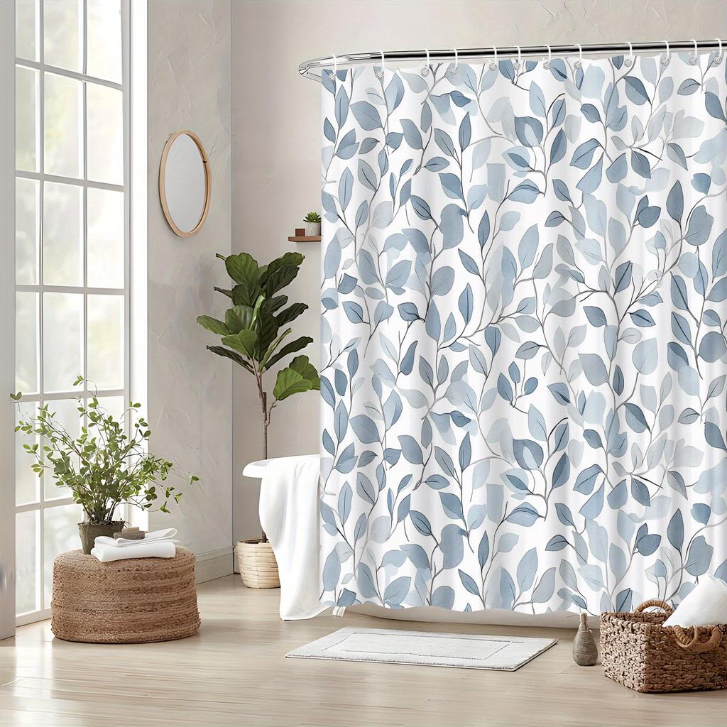 1 leaf shower curtain with overlapping blue and grey leaves on white background, soft watercolor texture and design, with hook.