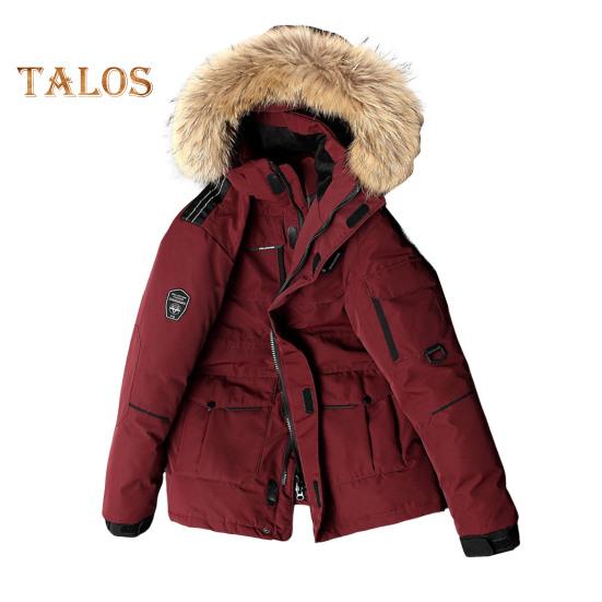 Pánská péřová bunda s mnoha kapsami Trim s kapucí z umělé kožešiny Dlouhý rukáv Větruodolný design Venkovní kabát Krycí léga na zip Cargo péřový kabát