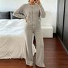 Women's Casual Two-Piece Outfit Set with Round Neck Button Long Sleeve Top and High Waist Ribbed Knit Pants