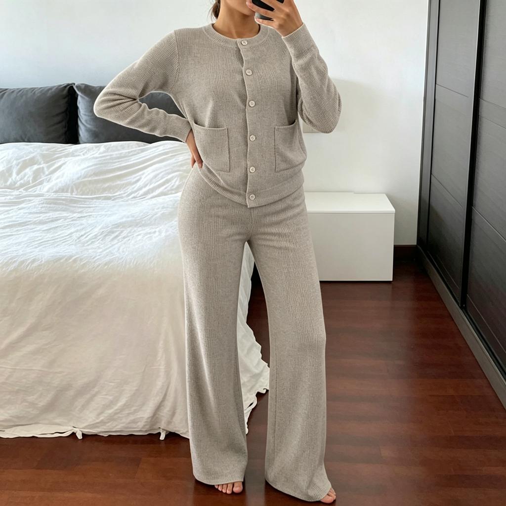 Women's Casual Two-Piece Outfit Set with Round Neck Button Long Sleeve Top and High Waist Ribbed Knit Pants