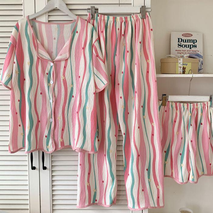 

Rainbow Print Women s Three-Piece Pajama Set: Short Sleeve, Long Pants & Shorts for Spring to Autumn Extra Large