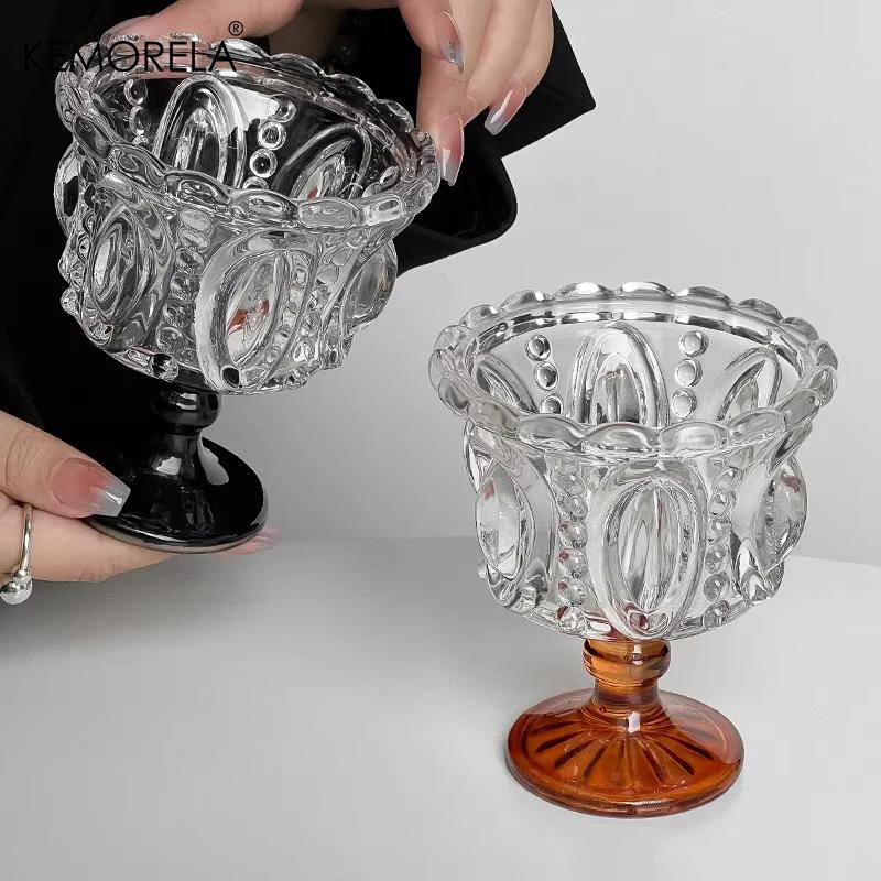  1/2 st retro präglad hög glaskopp whiskymugg ​​svart kristall hem kreativ kaffe glass yoghurt dessertbägare