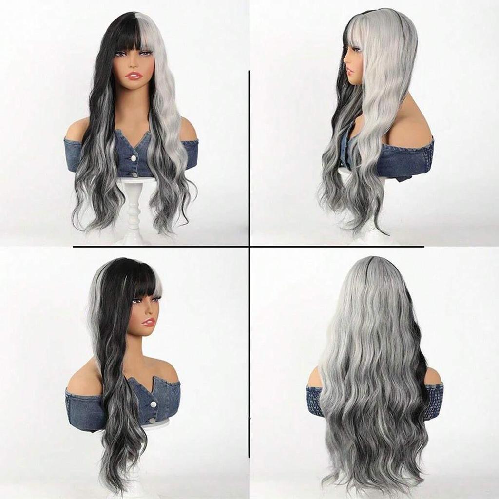 Women's Long Curly Black-Gray Wig with Fashion Highlights and Air Bangs
