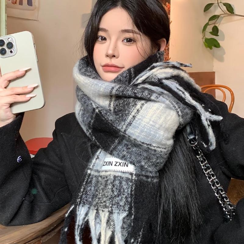 Cozy Korean Style Faux Cashmere Plaid Scarf with Tassels - Versatile and Warm for Autumn/Winter