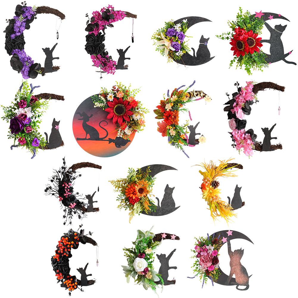 30CM Gothic Wreath Door Decoration Handmade Artificial Moon Cat Garland Goth Roses Black Cats Garland for Home Party Window Wall