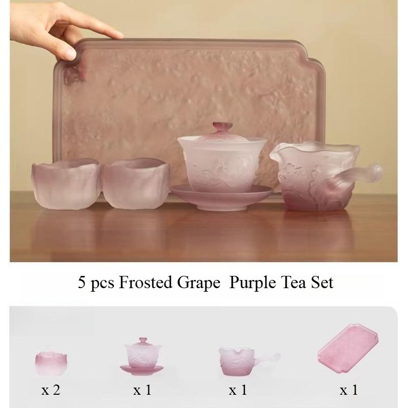 

Coloured Glaze Colorful Frosted Pink Purple Glass Gaiwan Tea Set KUNGFU Teaset Chinese Style Heat-Resistant Teaware for Home&Office