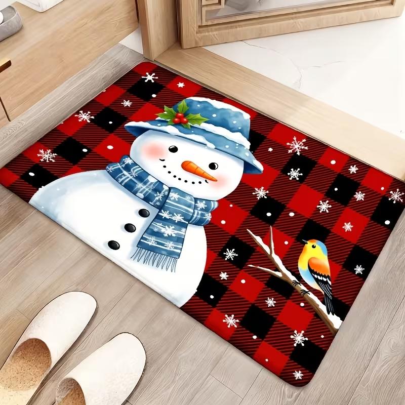 Blue Buffalo Plaid Snowman Christmas Decor Doormat Xmas Pine Tree Snowflake Floor Rug Festive Entrance Porch Carpet
