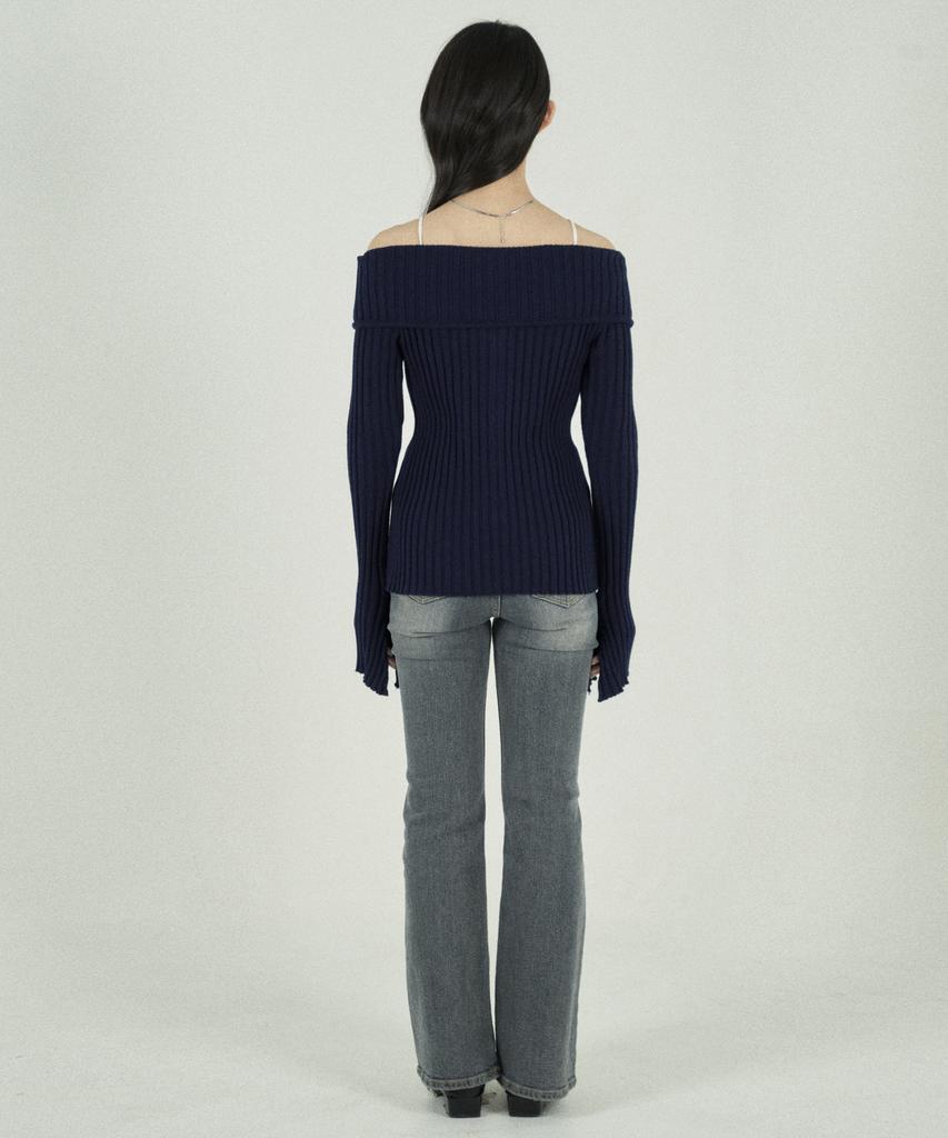 Tobaseu Off-Shoulder Two-Way Zip-Up Rib Knit (Navy)