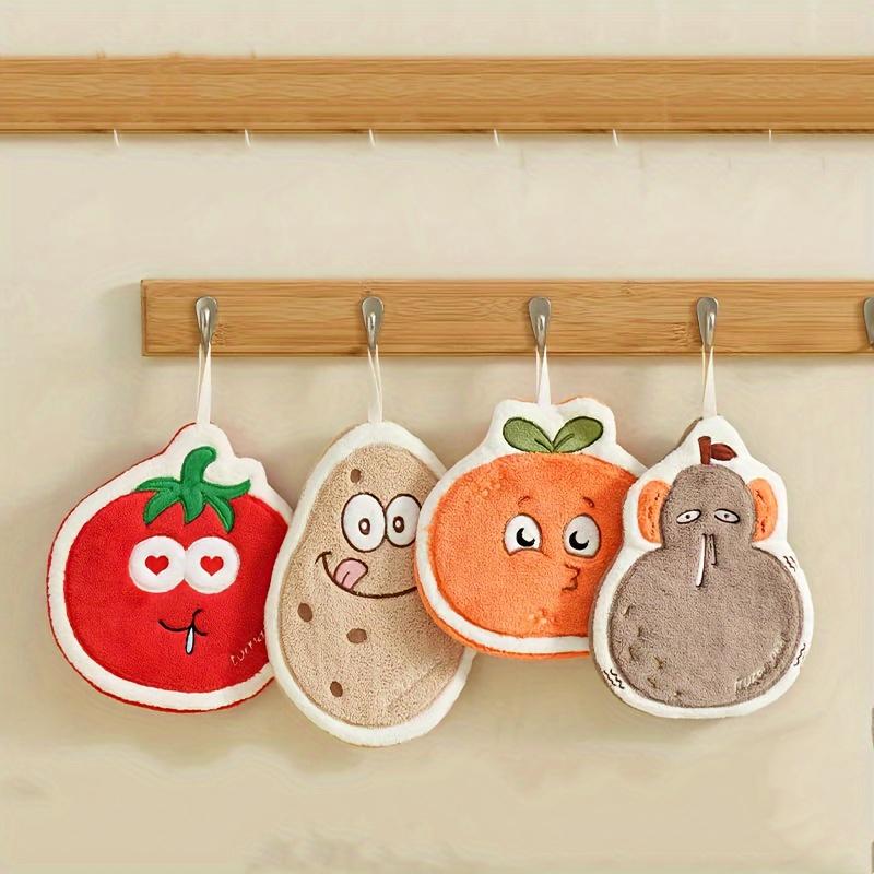 4pcs Cute Cartoon Fruit Vegetable Shaped Hand Towels Set, Super Absorbent Coral Fleece Kitchen Towels, Contemporary Knit Fabric, 800gsm Polyester
