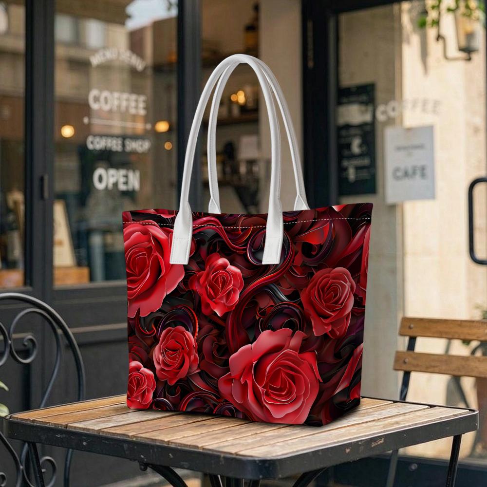 Elegant Rose Pattern Women Tote Bag Fashionable Large Capacity Daily Shopping Carry Handbag