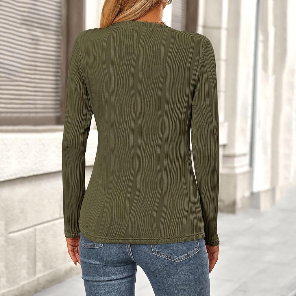 Women's Fashion Round Neck Long Sleeve T-Shirt Solid Color Textured Bottom Top