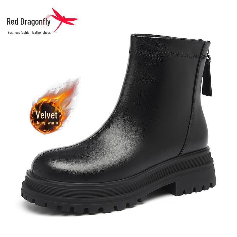 Red Dragonfly Women's Thick-Soled Ankle Boots Mid-Calf Slimming, Plus Velvet Warm Leather Boots - New 2024 Autumn/Winter Collection