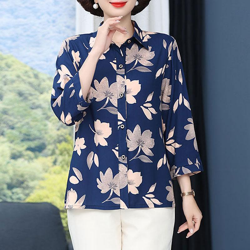 Vintage Broken Printed Blouse Spring Summer 3/4 Sleeve Turn-down Collar Commute Single-breasted Shirt