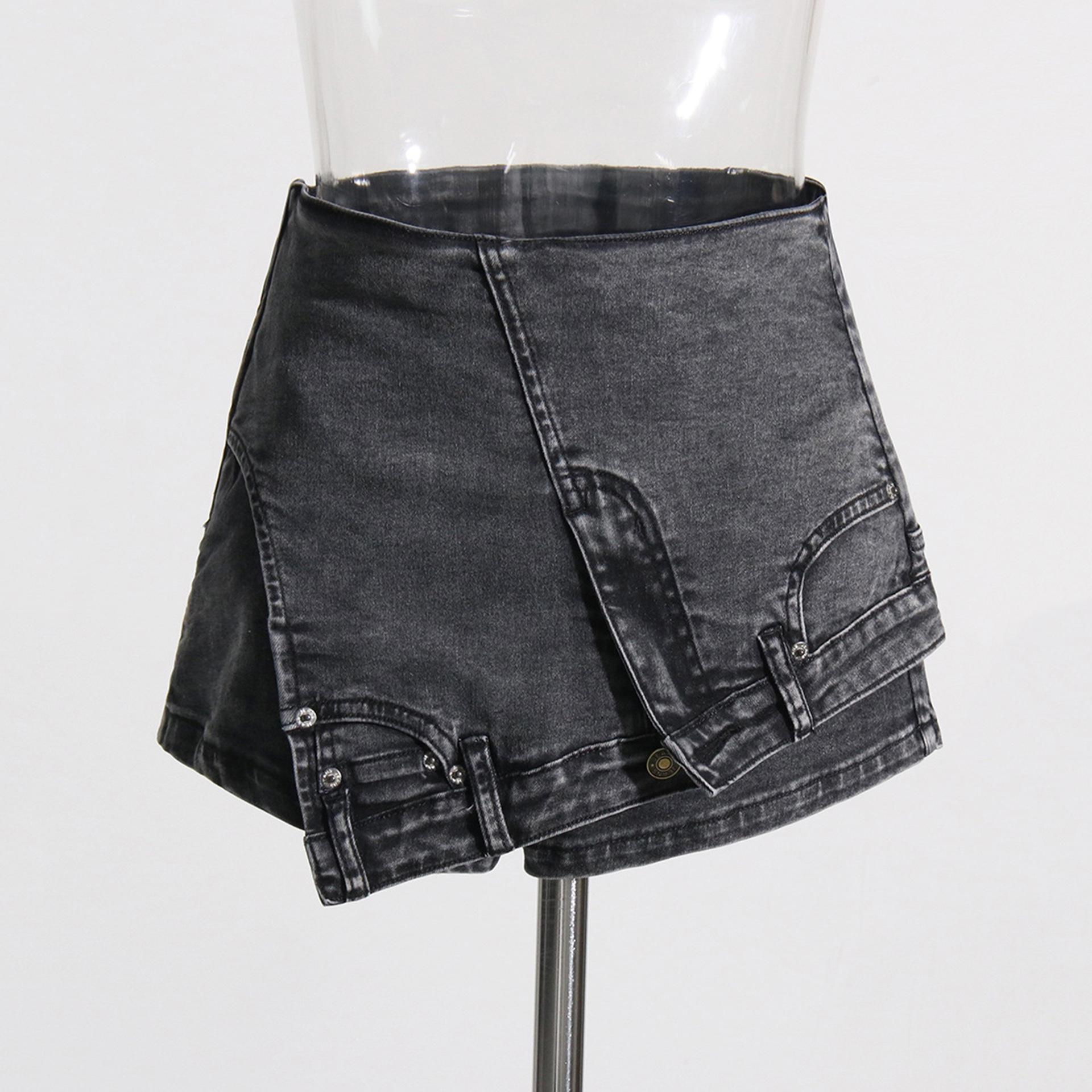

Street Style Denim Skort 2026: Irregular Waist, High-Waisted Wash, Faux Two-Piece Shorts Large чёрный
