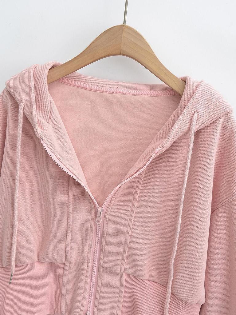 Women's Trendy European & American Double Zipper Hooded Sweatshirt - Solid Color, Loose Fit, High Waist Casual Jacket