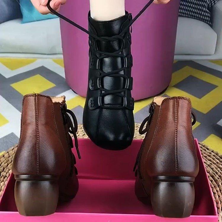 Autumn new low-heeled short boots casual leather lace-up Martin boots warm women's cotton shoes women