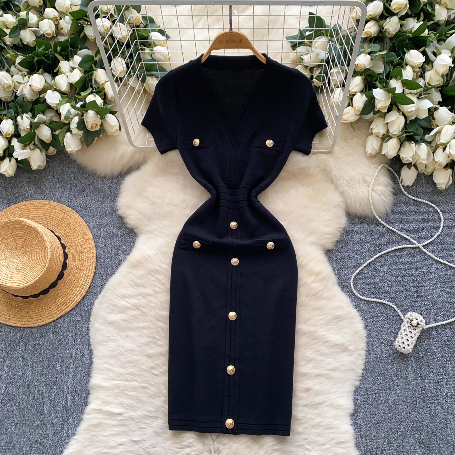 

Шикарное трикотажное однобортное платье-футляр с V-образным вырезом, винтажное платье, элегантные пляжные платья с высокой талией в корейском стиле One Size чёрный