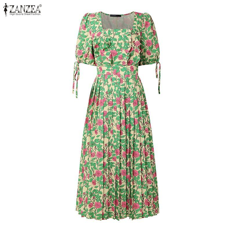 ZANZEA Women Square Collar Loose Casual Floral Print Short Sleeve Dress