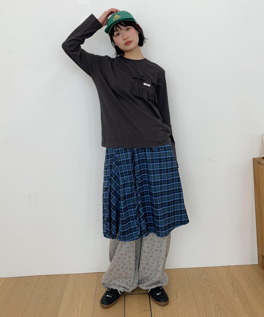 Ronron Check Flare Banding Midi Skirt Blue