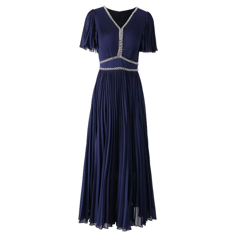 

European Station 2025 Spring and Summer New Arrival Fancy Rhinestone Pleated Formal Dress Elegant Graceful Dress Women Dark Blue S