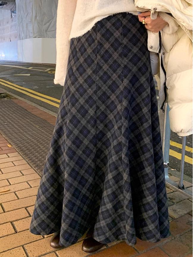 

Twill Blue-Gray Plaid Brushed A-line Skirt 2025: Autumn/Winter Thickened for Pear-Shaped Figures S