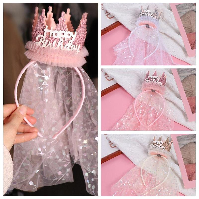 Korean Style Crown Gauze Headband Hair Accessories Headwear Lace Mesh Hair Hoop Photo Props Headdress Happy Birthday Hairband