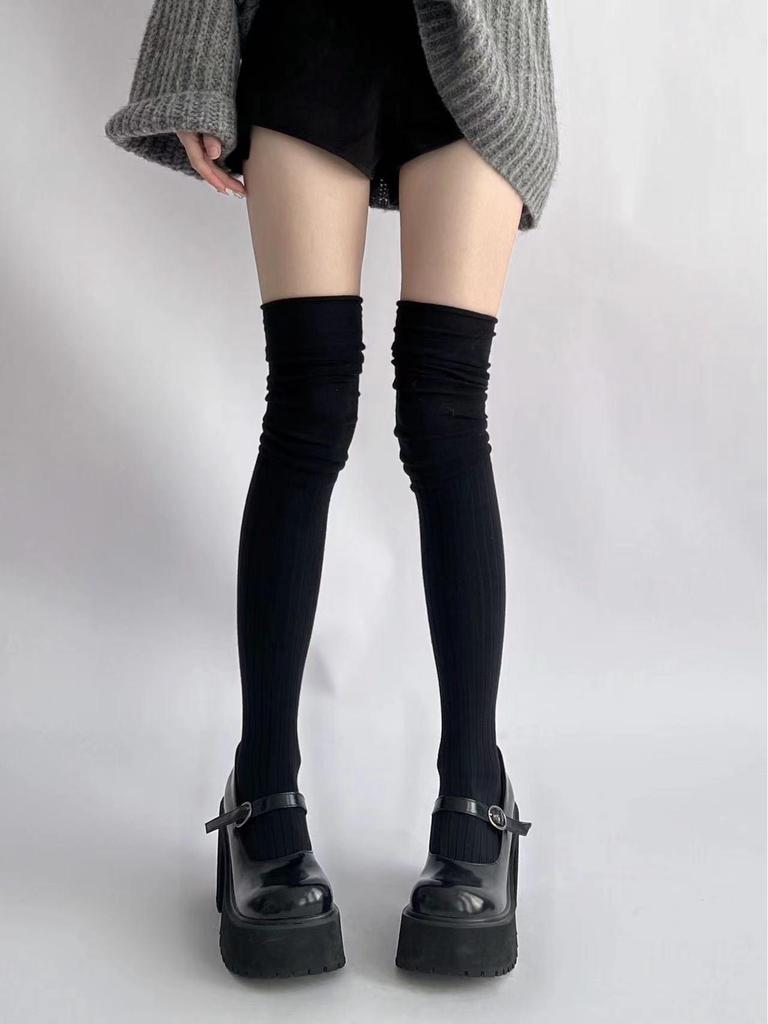 Damen Overknee Patchwork Lange Socken, Slouch-Stil, Frühling/Herbst, Milchweiß, Hoher Schaft für Stiefel mit Knieschonern