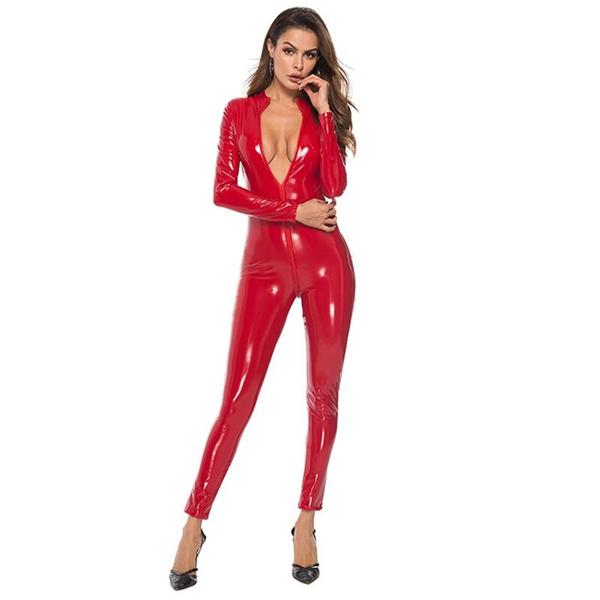 Sexy Women Faux Leather Catsuit PVC Latex Bodysuit Front Zipper Open Crotch Jumpsuits Stretch Bodystocking Erotic Costumes