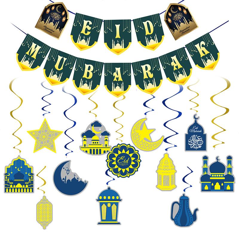 Eid Mubarak Banner 2025 Dekorationer Ramadan Kareem Stjärna Måne Girland Vimpel Hängande Ornament Muslim Umrah Mubarak Heminredning