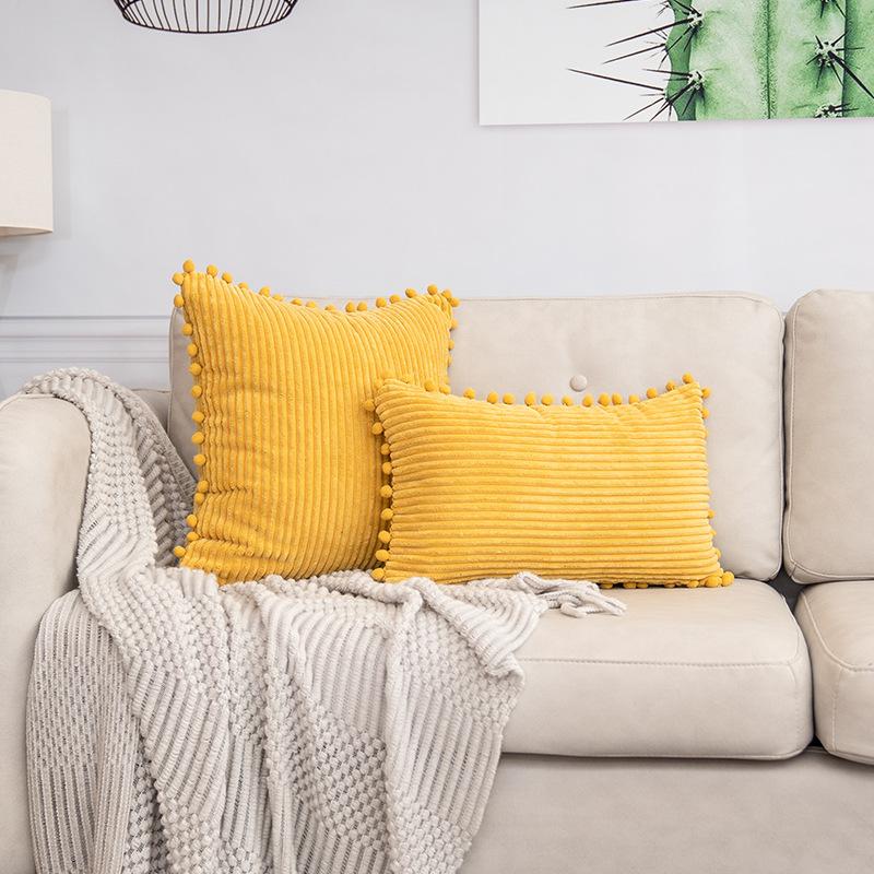2PCS Boho Chic Corduroy Throw Pillow Cover with Pom-Poms - Soft, Striped Square Cushion Case for Living Room & Bedroom Decor, Perfect for Weddings