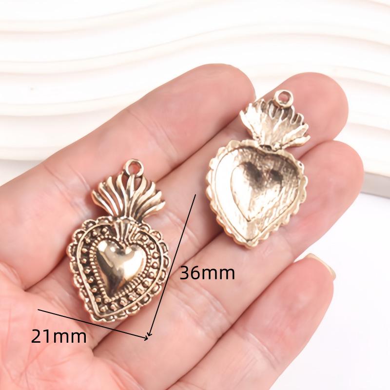 Cross Retro Sacred Heart Flame Pendant: Love Heart Aged KC Gold Blackened DIY Charm Necklace