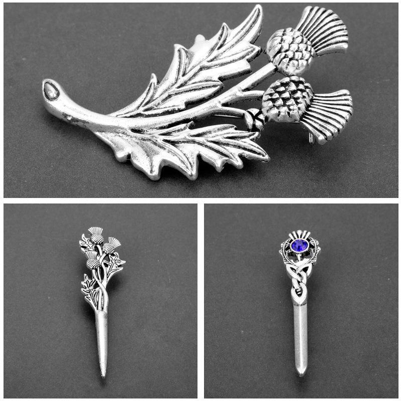 Retro Scottish Thistle Brooch with Crown & Heart Scarf Pin