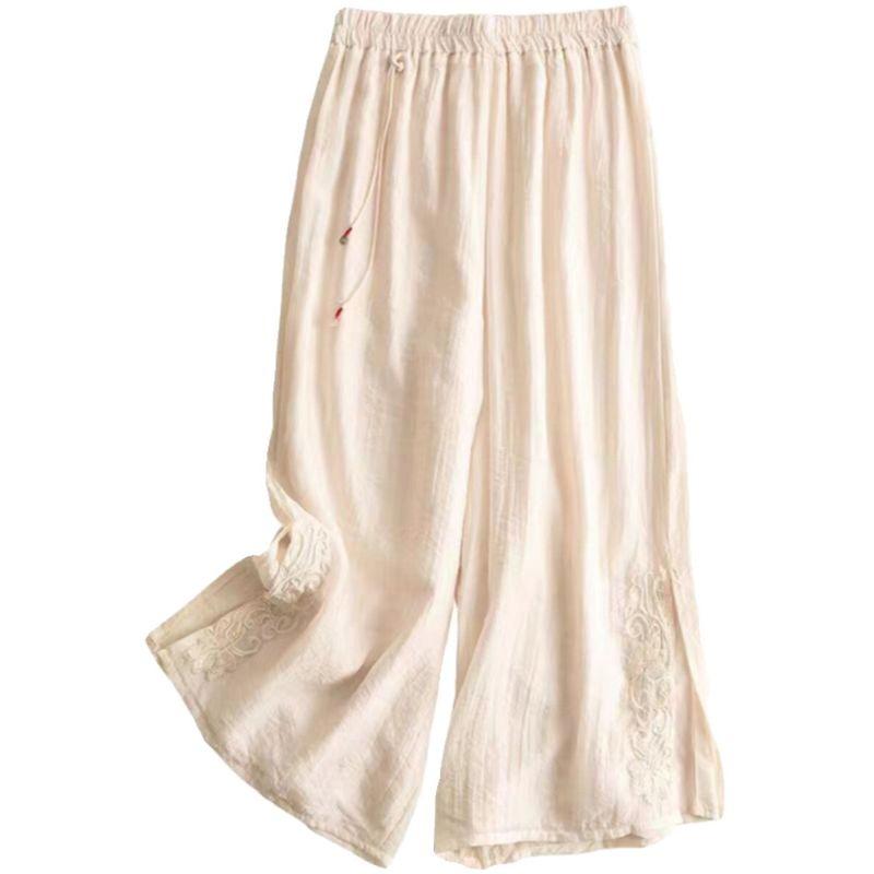 Leak-Picking ~ Counter Tail Linen Cropped Casual Pants Women's Artistic Embroidered High Waist Lightweight Summer Cotton and Linen Wide-Leg Pants