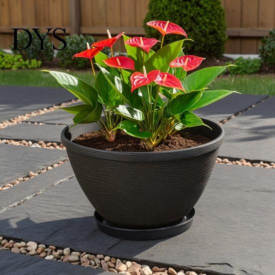 Outdoor Garden Planter Resin Flower Planters, Vintage Plant Pot with Drainage Hole & Saucer, Lightweight Pressure Resistant Basin for Indoor Outdoor,