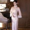 Womens Long Sleeve Qipao Dress Winter Warm Lined Pink Satin Vintage Chinese Style Midi Length