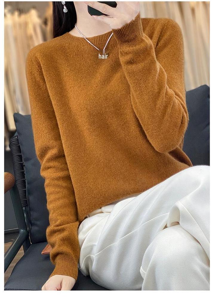 Women's 100% Wool Round Neck Sweater – Casual, Loose Knitwear, Minimalist Base Layer