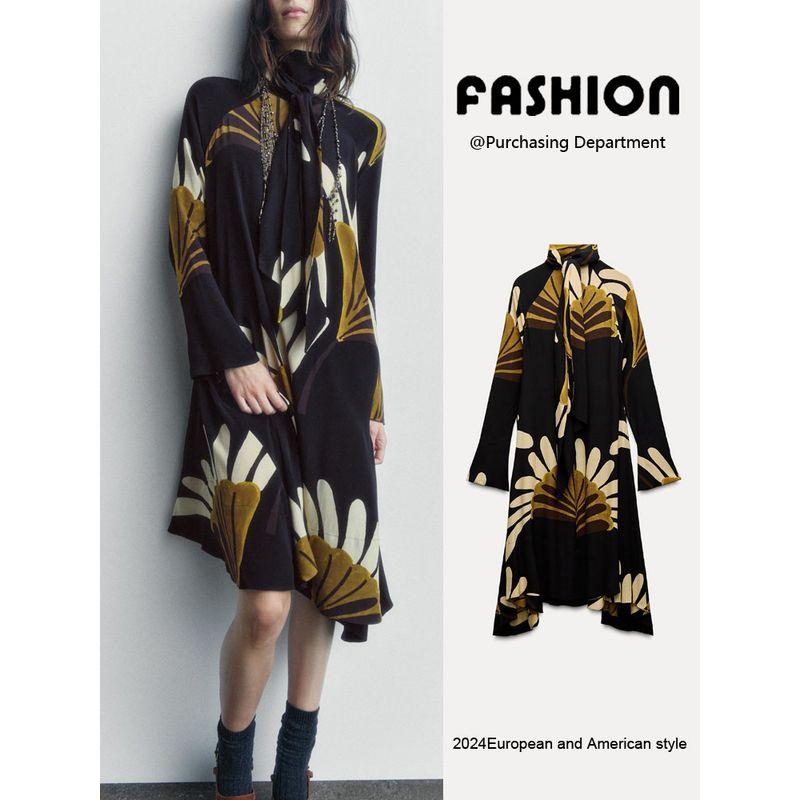 Za2025 Spring New Women's Clothing Casual Loose Temperament Printed Asymmetric Draped Collar Dress 0017658