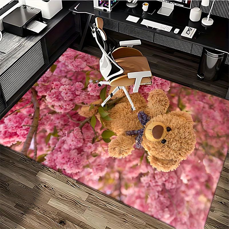 1pc Teddy Bear with Purple Bow Chair Mat - Anime Cartoon Design, Non-Slip Carpet for Office and Home Decor, Suitable for All Seasons.C053