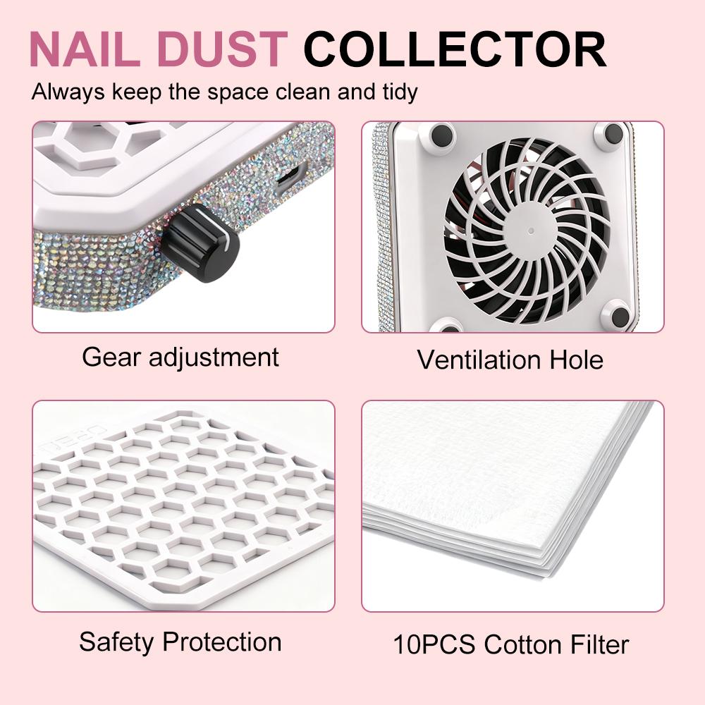 Nail Dust Collector with Rhinestones and Filter Pad, Powerful Vacuum Fan, Stepless Control Knob, Ideal for Acrylic Nail Salon To