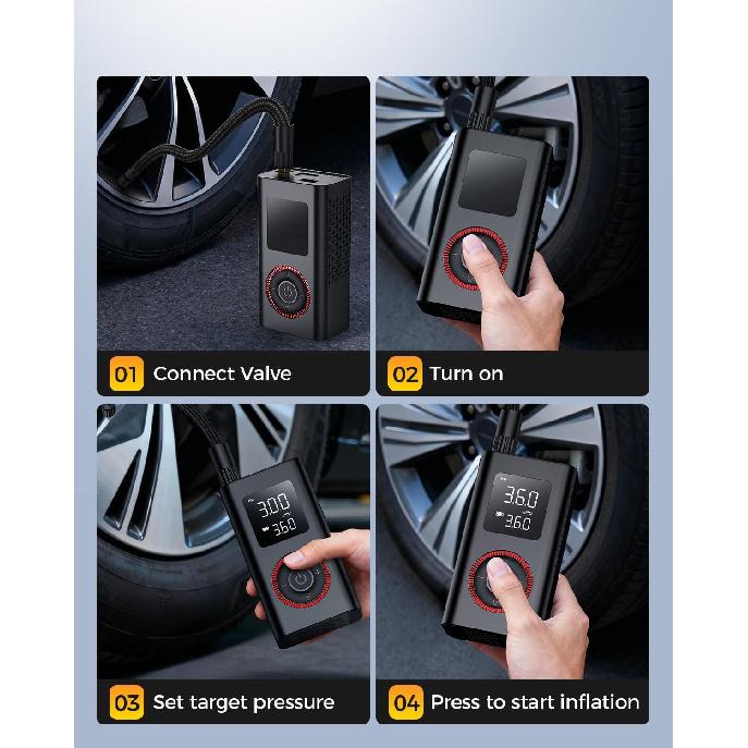 Tire Inflator Portable Air Compressor with Type-C Charging, Digital Pressure Gauge, LED Light, Smart Air Pump for Car, Motorcycle, Bike, Ball