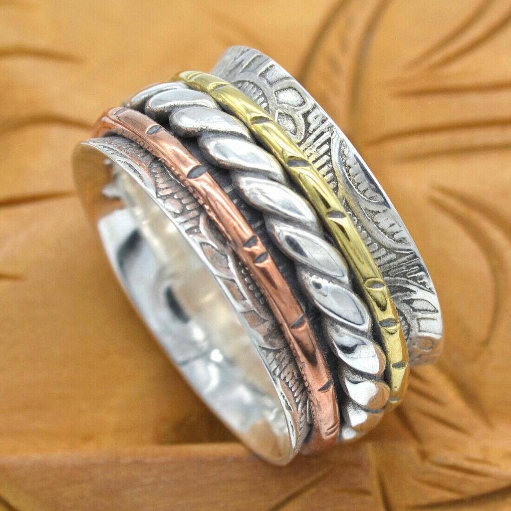 Three Tone Spinner Ring 925 Sterling Silver Statement Jewelry Handmade Ring