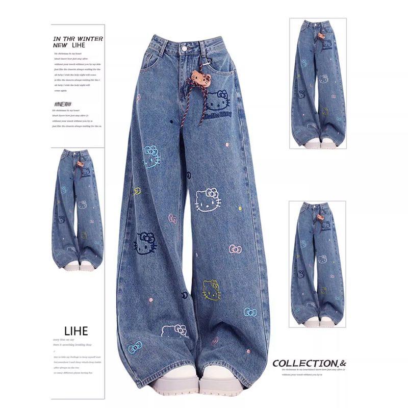 

American Retro Kitty Embroidered Jeans for Women, Spring Pants, Plus Size, Loose Fit, Slimming, Floor-Length Wide-Leg Pants Blue Pants 2XL