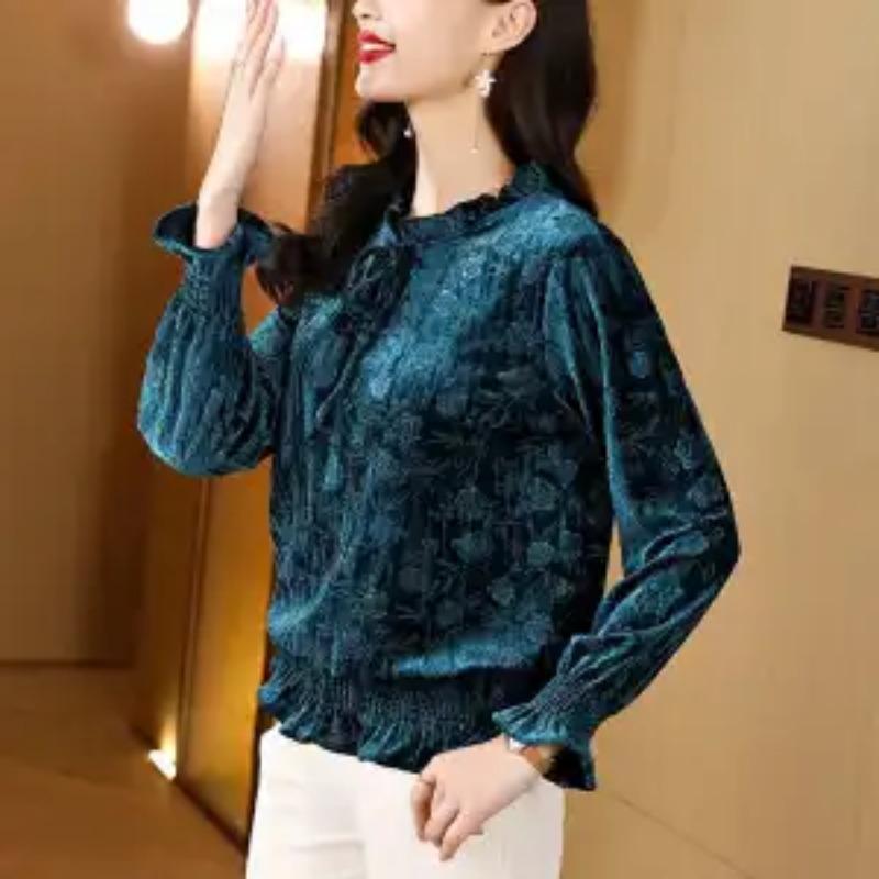 New Chinese Velvet Bottoming for Women Long Sleeves In Autumn New Simple Lace Splicing Trendy T-shirt Top