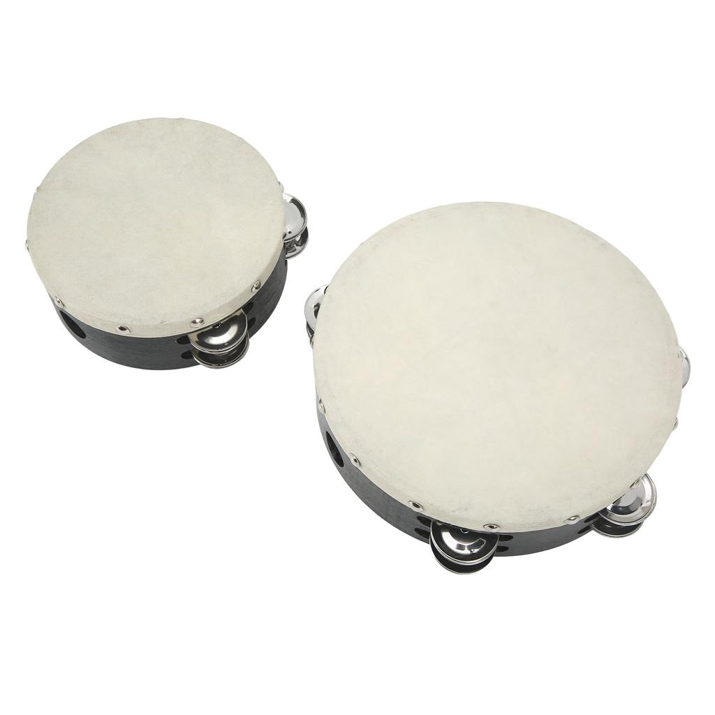 2PCS Wooden Hand Drum Double Row Metal Jingle Bells Sheepskin Percussion Tambourine 6in 8in