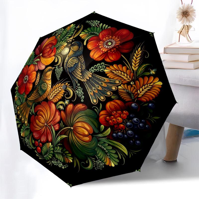 1pc Floral Art, Birds, Circular Design Umbrella with Plastic Handle,Compact & Stylish,Suitable for All Seasons YS331096